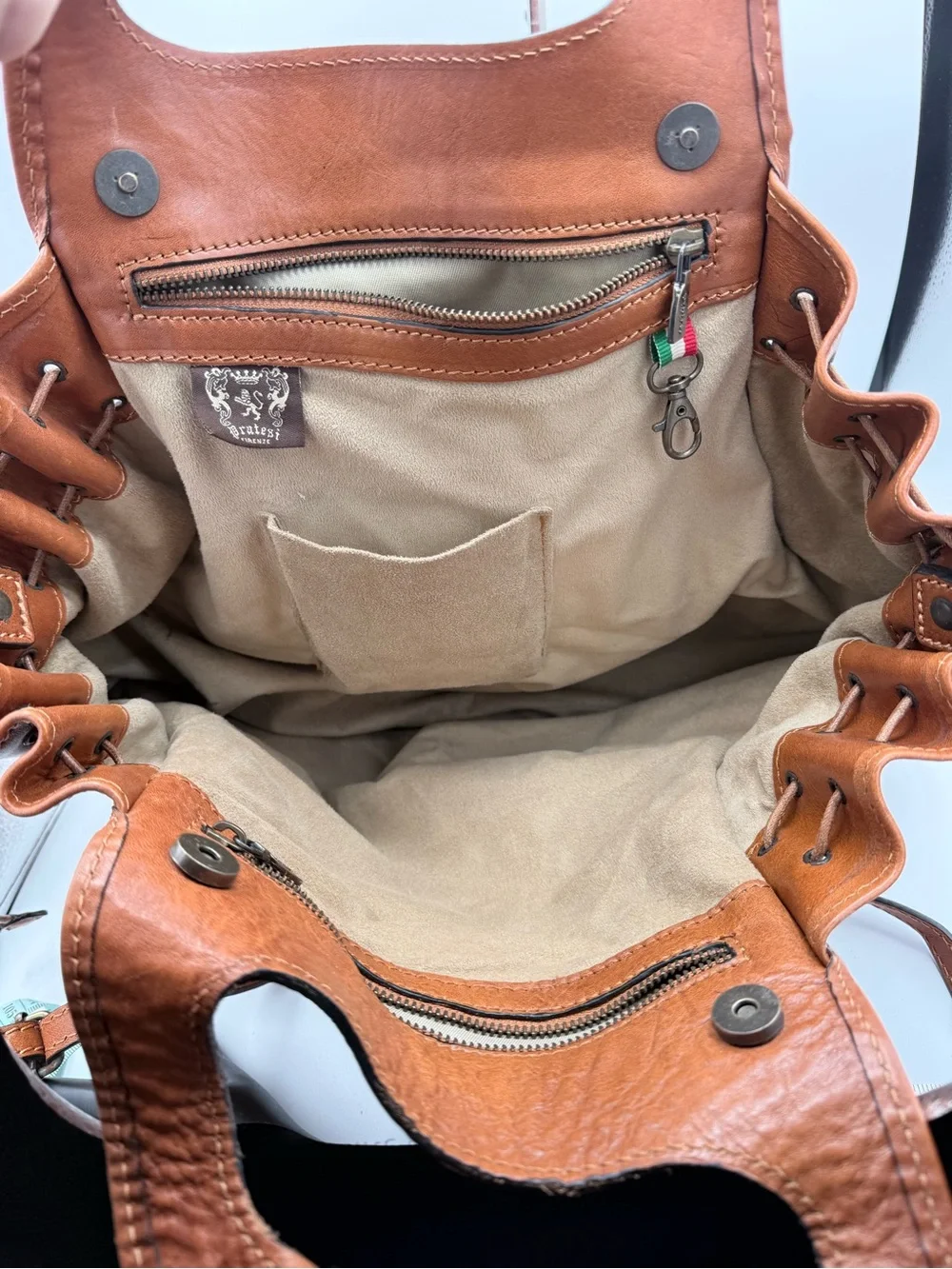 Pratesi Firenze Italian Leather Satchel Bag Tan Cognac Drawstring Sides